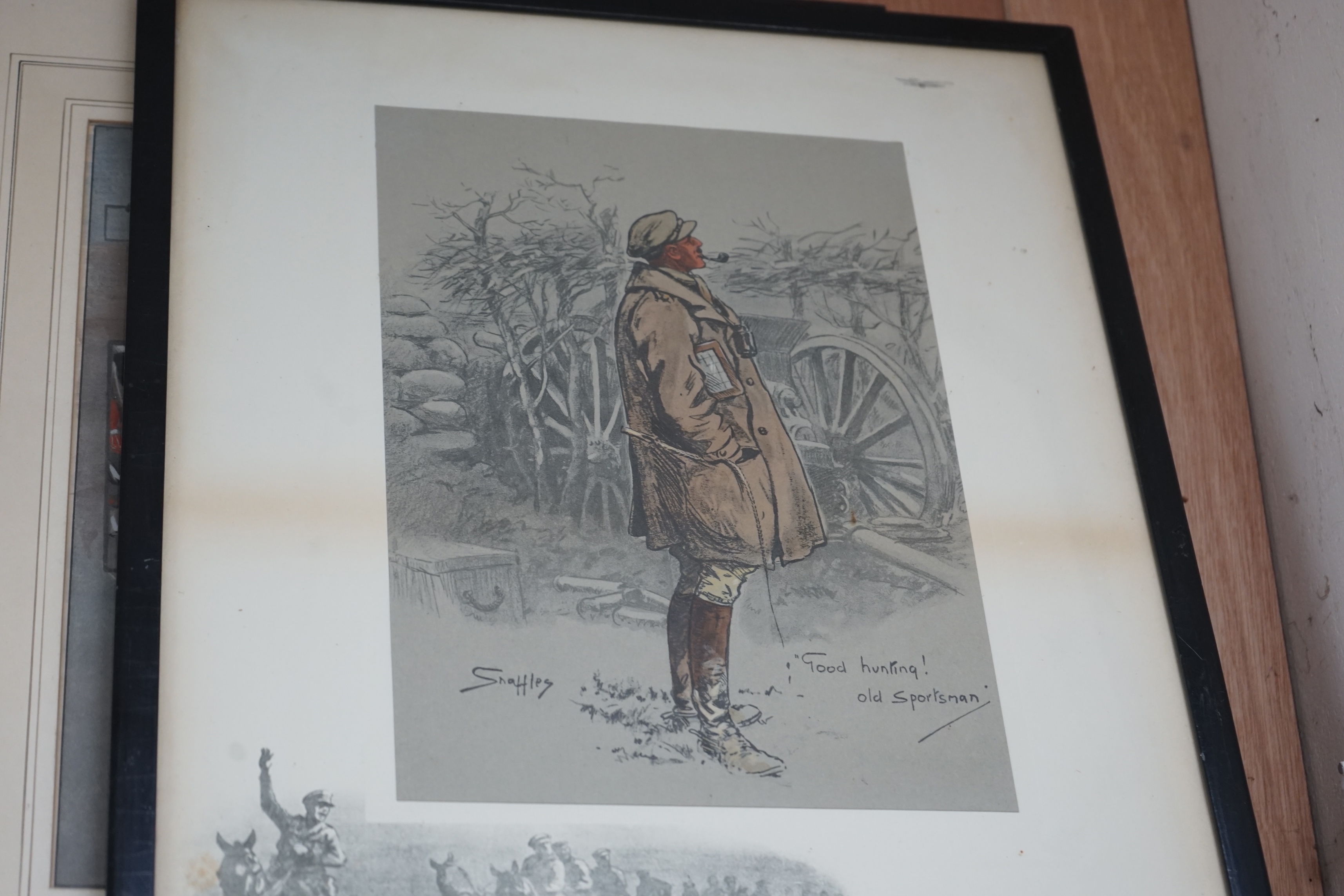 Charles Johnson Payne ‘Snaffles’ (1884-1967), four coloured prints, 'The Cameron’s’, signed in pencil, 'The Camerons, Jock', 'The Gunner' and 'The 92nd [Gordon Highlanders] An impression of Spats and Sporrans', largest 3